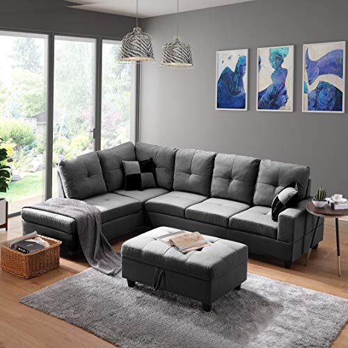 OPTOUGH Fabric Sectional Sofa Living Room Furniture Set, L-Shape Couch with Left Chaise, Storage Ottoman, and 2 Pillows,Gray