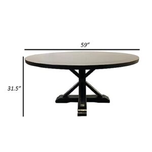 Benjara Sona 59 Inch Round Dining Table, Pedestal Base, Sanded Antique Black Wood