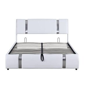 Queen Size Upholstered Bed with Hydraulic Storage, Lift Up Storage Faux Leather Bed with Headboard, Wood Platform Bed Frame for Teens& Adults, Bedroom, No Box Spring Needed, White