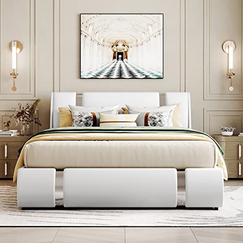 Queen Size Upholstered Bed with Hydraulic Storage, Lift Up Storage Faux Leather Bed with Headboard, Wood Platform Bed Frame for Teens& Adults, Bedroom, No Box Spring Needed, White