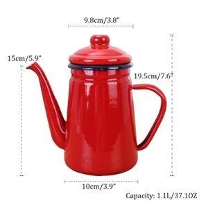 FURLOU Kettle for Stove top 1.1L/37.1OZ Enamel Coffee Pot Pour Over Milk Water Jug Pitcher Barista Teapot Kettle for Gas Stove and Induction Cooker Kitchen Supplies Teapots (Color : Red)