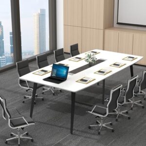 Loomie 8FT Conference Table, 94.49" L x 47.24" W x 29.53" H Meeting Seminar Table with Grommet, Large Boat Shaped Computer Desk, Boardroom Desk for Office Meeting Conference Room, White