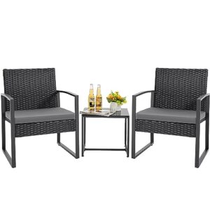 gunji patio furniture sets 3 pieces outdoor conversation set with coffee table patio wicker rattan chairs set bistro sets for garden, yard, lawn, and balcony (gray)