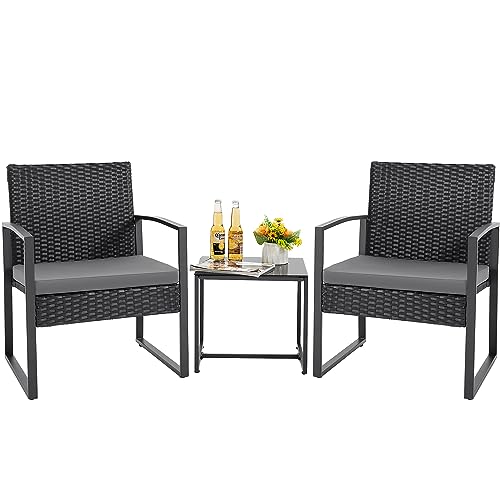 GUNJI Patio Furniture Sets 3 Pieces Outdoor Conversation Set with Coffee Table Patio Wicker Rattan Chairs Set Bistro Sets for Garden, Yard, Lawn, and Balcony (Gray)