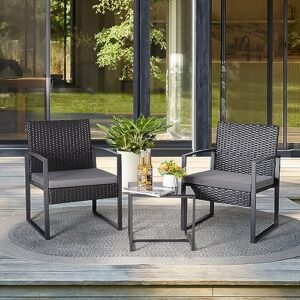GUNJI Patio Furniture Sets 3 Pieces Outdoor Conversation Set with Coffee Table Patio Wicker Rattan Chairs Set Bistro Sets for Garden, Yard, Lawn, and Balcony (Gray)