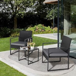 GUNJI Patio Furniture Sets 3 Pieces Outdoor Conversation Set with Coffee Table Patio Wicker Rattan Chairs Set Bistro Sets for Garden, Yard, Lawn, and Balcony (Gray)