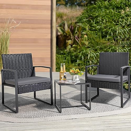 GUNJI Patio Furniture Sets 3 Pieces Outdoor Conversation Set with Coffee Table Patio Wicker Rattan Chairs Set Bistro Sets for Garden, Yard, Lawn, and Balcony (Gray)