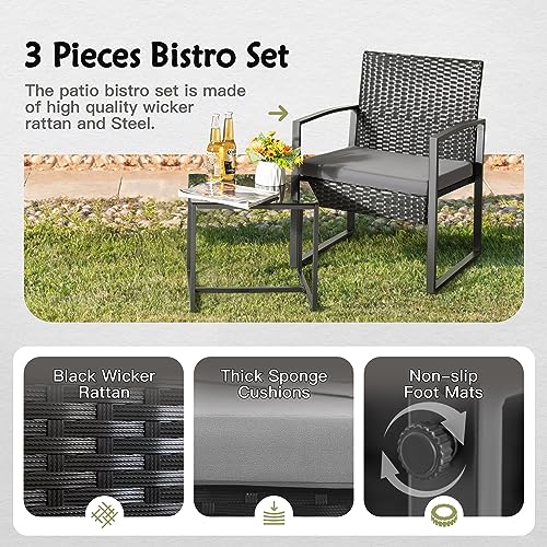 GUNJI Patio Furniture Sets 3 Pieces Outdoor Conversation Set with Coffee Table Patio Wicker Rattan Chairs Set Bistro Sets for Garden, Yard, Lawn, and Balcony (Gray)