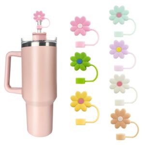 7 pcs silicone straw covers cap compatible with stanley 30&40 oz cup, 10mm cute flower straw toppers for tumblers, dust-proof drinking straw caps for reusable straws tips lids