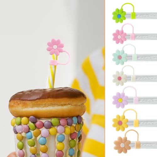 7 PCS Silicone Straw Covers Cap Compatible with Stanley 30&40 Oz Cup, 10mm Cute Flower Straw Toppers for Tumblers, Dust-Proof Drinking Straw Caps for Reusable Straws Tips Lids