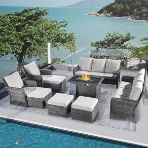 yechen 9 pieces outdoor patio furniture, pe rattan wicker conversation set with 44" 55000btu fire pit table sectional sofa sets, patio conversation sets for yard, pool, beige