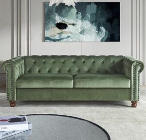 emkk chesterfield sofa, classic tufted upholstered couch, modern 3 seater loveseat long settee furniture with rolled arms and nailhead,back and legs for living room office, apartment, green-b