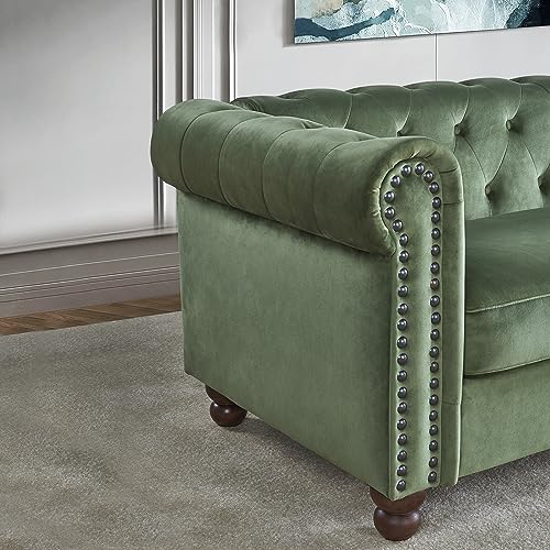 EMKK Chesterfield Sofa, Classic Tufted Upholstered Couch, Modern 3 Seater Loveseat Long Settee Furniture with Rolled Arms and Nailhead,Back and Legs for Living Room Office, Apartment, Green-b