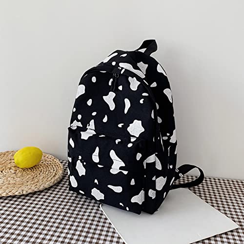 School Starts Season Fashion Women Girl Student Zipper Cow Pattern School Bag Canvas Backpack Pug (Black, One Size)