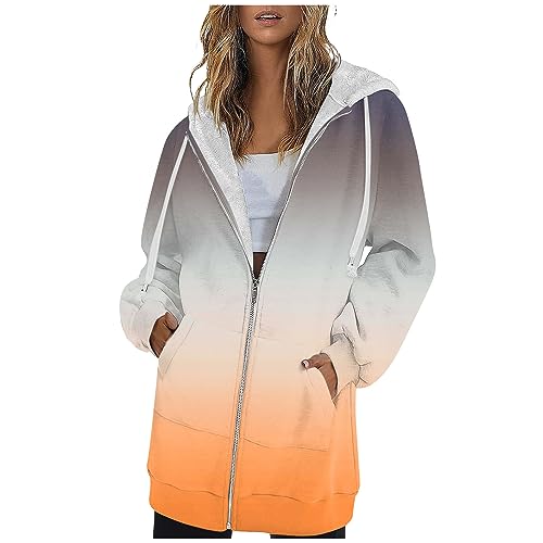 Rpvati Womens Zip Up Hoodies Fall Long Sleeves Hooded Tunic Sweatshirts Lightweight Gradient Tie Dyed Outfit Long Hoodie Jacket for Women Sudaderas De Mujer Orange L