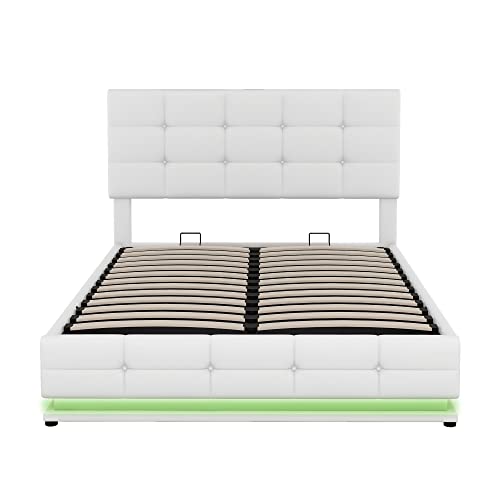 BIADNBZ Full Size Tufted Upholstered Platform Bed with Hydraulic Storage System, Lift Up Storage Bedframe w/LED Lights and USB Charger, White