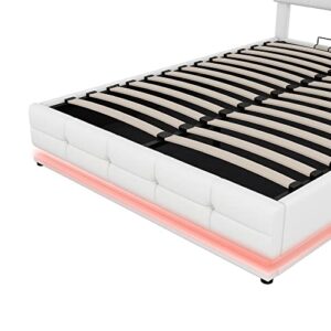 BIADNBZ Full Size Tufted Upholstered Platform Bed with Hydraulic Storage System, Lift Up Storage Bedframe w/LED Lights and USB Charger, White