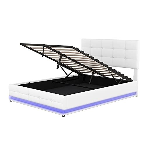 BIADNBZ Full Size Tufted Upholstered Platform Bed with Hydraulic Storage System, Lift Up Storage Bedframe w/LED Lights and USB Charger, White