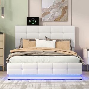 BIADNBZ Full Size Tufted Upholstered Platform Bed with Hydraulic Storage System, Lift Up Storage Bedframe w/LED Lights and USB Charger, White