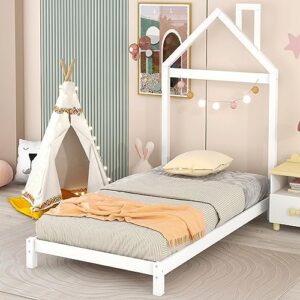 twin bed frame/kids bed frames with headboard and slats, wood platform bed with house shaped headboard, twin size bed for kids, boys, girls, no box spring needed(white)