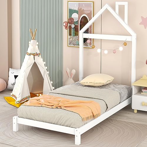 Twin Bed Frame/Kids Bed Frames with Headboard and Slats, Wood Platform Bed with House Shaped Headboard, Twin Size Bed for Kids, Boys, Girls, No Box Spring Needed(White)