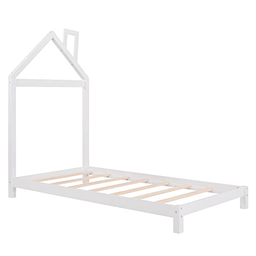 Twin Bed Frame/Kids Bed Frames with Headboard and Slats, Wood Platform Bed with House Shaped Headboard, Twin Size Bed for Kids, Boys, Girls, No Box Spring Needed(White)