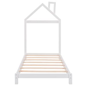 Twin Bed Frame/Kids Bed Frames with Headboard and Slats, Wood Platform Bed with House Shaped Headboard, Twin Size Bed for Kids, Boys, Girls, No Box Spring Needed(White)