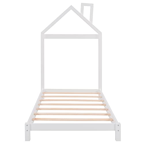 Twin Bed Frame/Kids Bed Frames with Headboard and Slats, Wood Platform Bed with House Shaped Headboard, Twin Size Bed for Kids, Boys, Girls, No Box Spring Needed(White)