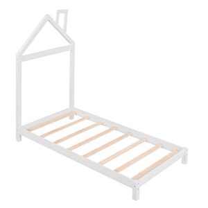 Twin Bed Frame/Kids Bed Frames with Headboard and Slats, Wood Platform Bed with House Shaped Headboard, Twin Size Bed for Kids, Boys, Girls, No Box Spring Needed(White)