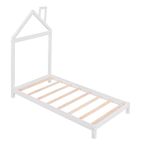 Twin Bed Frame/Kids Bed Frames with Headboard and Slats, Wood Platform Bed with House Shaped Headboard, Twin Size Bed for Kids, Boys, Girls, No Box Spring Needed(White)