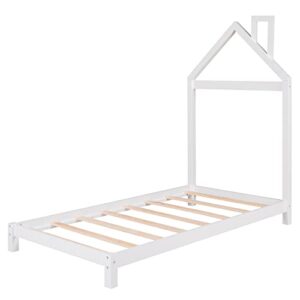 Twin Bed Frame/Kids Bed Frames with Headboard and Slats, Wood Platform Bed with House Shaped Headboard, Twin Size Bed for Kids, Boys, Girls, No Box Spring Needed(White)