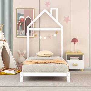 Twin Bed Frame/Kids Bed Frames with Headboard and Slats, Wood Platform Bed with House Shaped Headboard, Twin Size Bed for Kids, Boys, Girls, No Box Spring Needed(White)