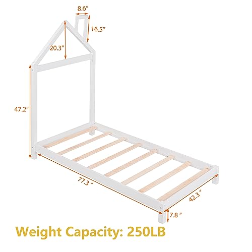 Twin Bed Frame/Kids Bed Frames with Headboard and Slats, Wood Platform Bed with House Shaped Headboard, Twin Size Bed for Kids, Boys, Girls, No Box Spring Needed(White)