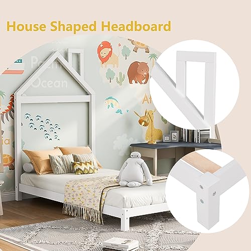 Twin Bed Frame/Kids Bed Frames with Headboard and Slats, Wood Platform Bed with House Shaped Headboard, Twin Size Bed for Kids, Boys, Girls, No Box Spring Needed(White)