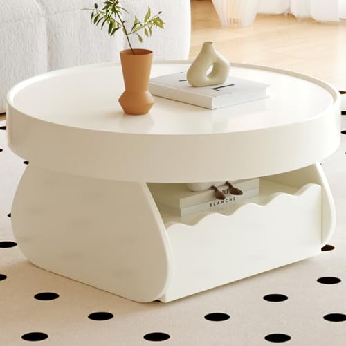 QEZEOM Small Round Coffee Table, Modern Living Room Low Coffee Table with Storage, Unique Center Table Suitable for Small Spaces, Scandinavian Style End Table, Farmhouse Night Stands, White