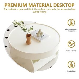 QEZEOM Small Round Coffee Table, Modern Living Room Low Coffee Table with Storage, Unique Center Table Suitable for Small Spaces, Scandinavian Style End Table, Farmhouse Night Stands, White