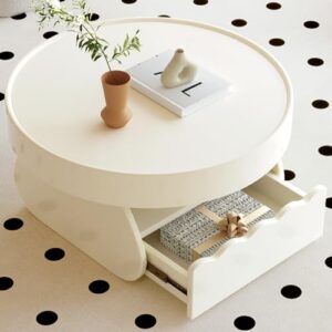 QEZEOM Small Round Coffee Table, Modern Living Room Low Coffee Table with Storage, Unique Center Table Suitable for Small Spaces, Scandinavian Style End Table, Farmhouse Night Stands, White