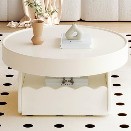 QEZEOM Small Round Coffee Table, Modern Living Room Low Coffee Table with Storage, Unique Center Table Suitable for Small Spaces, Scandinavian Style End Table, Farmhouse Night Stands, White