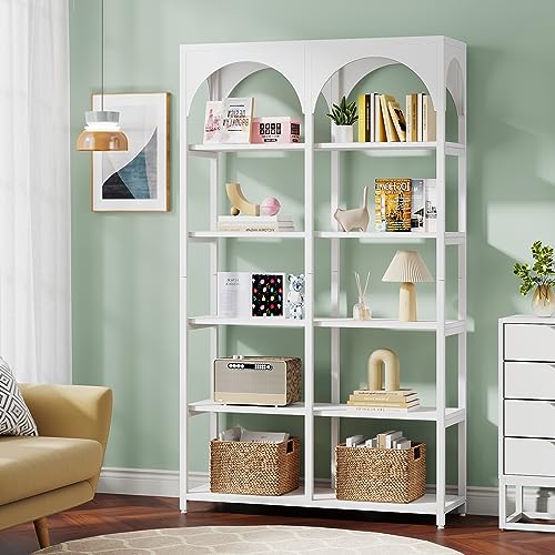 Tribesigns 5 Tiers White Tall Bookshelf: 70.9 Inches Modern Arched Display Shelves, Freestanding Wood and Metal Open Etagere Bookcase, Wall Book Shelf for Living Room Bedroom Office