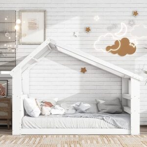 hausheck toddlers montessori bed twin size, montessori floor bed with led light strip, roof and window design, house bed frame for kids boys, girls, wood bed frame with headboard and footboard
