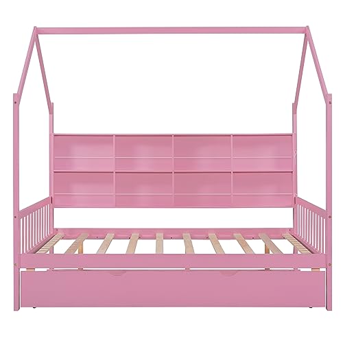 Full Size House Beds with Trundle and Storage Shelves,Wood Playhouse Tent Bed Frame, Montessori Style House Beds for Kids Girls Boys, Pink