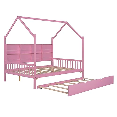 Full Size House Beds with Trundle and Storage Shelves,Wood Playhouse Tent Bed Frame, Montessori Style House Beds for Kids Girls Boys, Pink