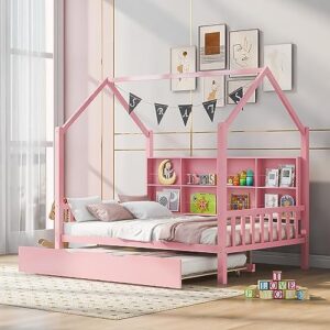 full size house beds with trundle and storage shelves,wood playhouse tent bed frame, montessori style house beds for kids girls boys, pink