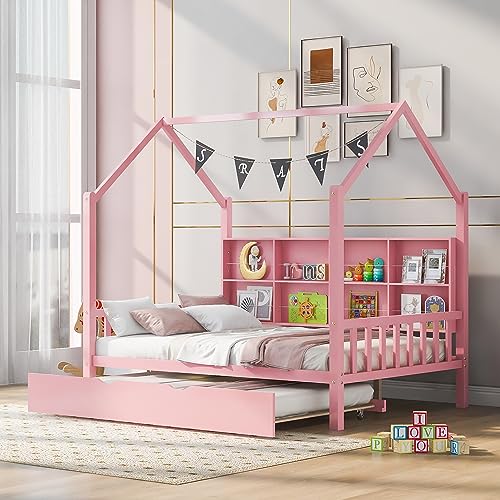 Full Size House Beds with Trundle and Storage Shelves,Wood Playhouse Tent Bed Frame, Montessori Style House Beds for Kids Girls Boys, Pink