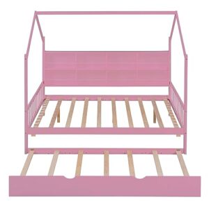 Full Size House Beds with Trundle and Storage Shelves,Wood Playhouse Tent Bed Frame, Montessori Style House Beds for Kids Girls Boys, Pink