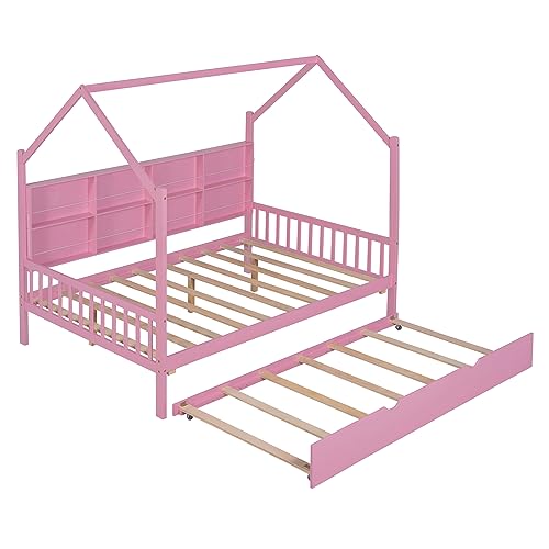 Full Size House Beds with Trundle and Storage Shelves,Wood Playhouse Tent Bed Frame, Montessori Style House Beds for Kids Girls Boys, Pink