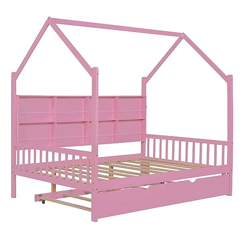 Full Size House Beds with Trundle and Storage Shelves,Wood Playhouse Tent Bed Frame, Montessori Style House Beds for Kids Girls Boys, Pink