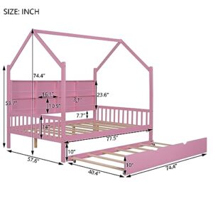 Full Size House Beds with Trundle and Storage Shelves,Wood Playhouse Tent Bed Frame, Montessori Style House Beds for Kids Girls Boys, Pink