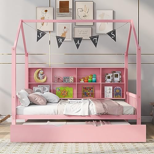 Full Size House Beds with Trundle and Storage Shelves,Wood Playhouse Tent Bed Frame, Montessori Style House Beds for Kids Girls Boys, Pink