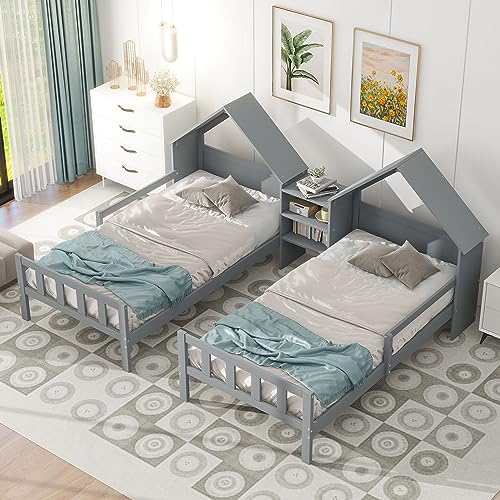 SIYSNKSI Twin Size Platform Bed with House-Shaped Headboard, Wood Platform Bed Frame with a Built-in Nightstand, Shared Double Twin Beds for Kids Teens Adults Boys Girls Bedroom (Grey 03)